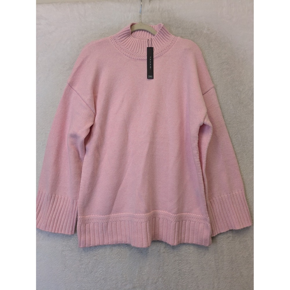 NEW Tahari Sweater Women's M Pink Mock Neck Chevron Knit Long Sleeve Pullover